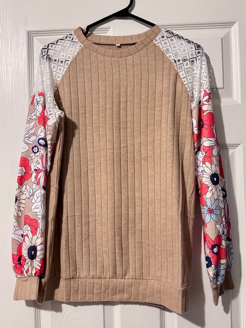New - Floral Sleeve Ribbed Crewneck Top - Beige